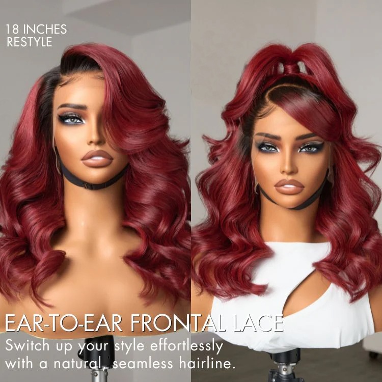 TRILL Limited Design - Gorgeous Loose Body Wave Red Hair Wig with Dark Roots Ear-to-Ear 13x4 Frontal Lace Wig(7-Day Crafting)
