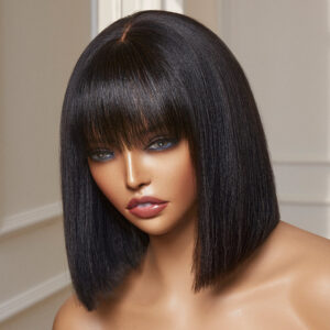 TRILL and Go Realistic Glueless Yaki Straight Bob with Bangs Minimalist Lace Wig 100% Human Hair(NATURAL BLACK,ASH BLONDE, BROWN HIGHLIGHTS, REDDISH PURPL