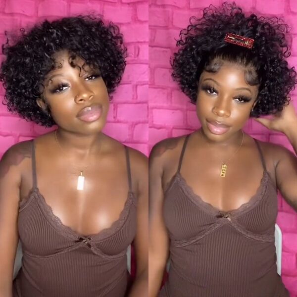 TRILL Short Curly Pixie Cut Bob Glueless 13×4 Lace Front Wigs Brazilian Cute Curly Human Hair 180% Density