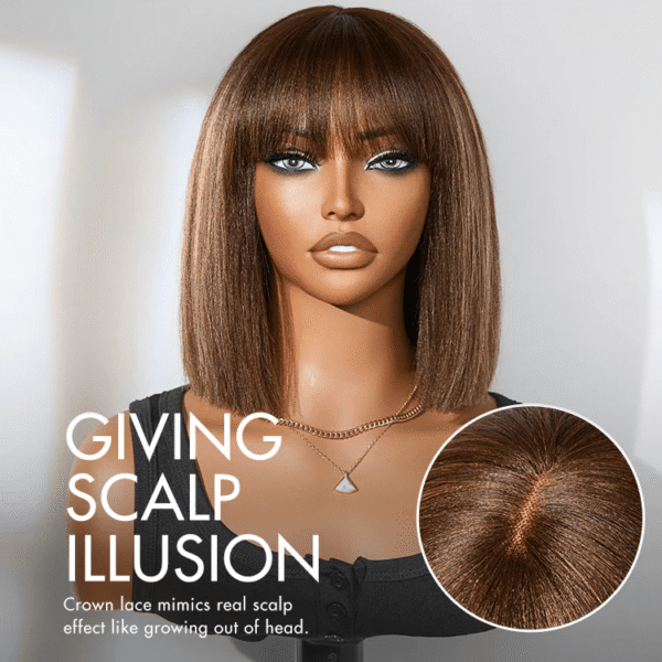 TRILL and Go Realistic Glueless Yaki Straight Bob with Bangs Minimalist Lace Wig 100% Human Hair(NATURAL BLACK,ASH BLONDE, BROWN HIGHLIGHTS, REDDISH PURPL