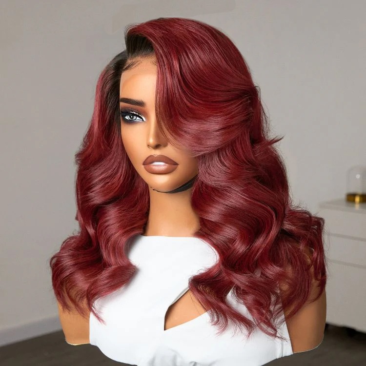 TRILL Limited Design - Gorgeous Loose Body Wave Red Hair Wig with Dark Roots Ear-to-Ear 13x4 Frontal Lace Wig(7-Day Crafting)