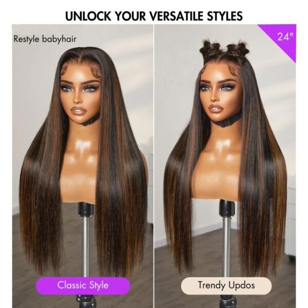 TRILL Ultra Natural Hairline Brown Highlight Silky Straight Glueless 13x4 Frontal Lace Long Wig Pre-Cut Lace