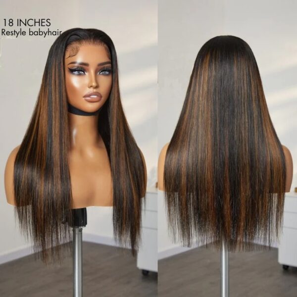 TRILL Ultra Natural Hairline Brown Highlight Silky Straight Glueless 13x4 Frontal Lace Long Wig Pre-Cut Lace