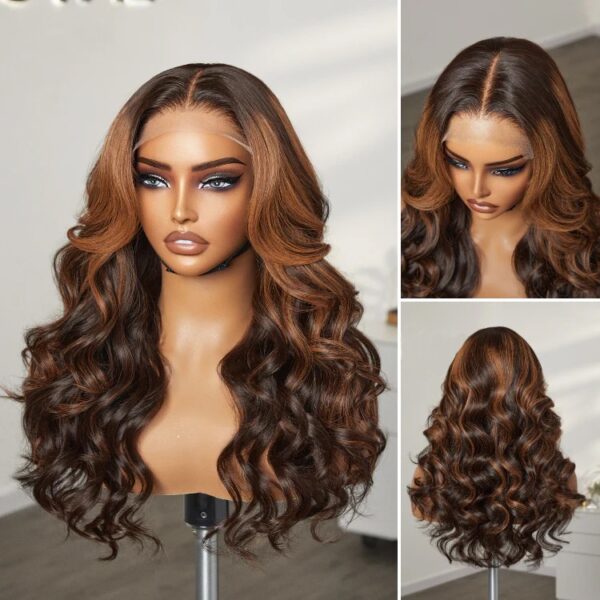 TRILL Copper Ombre Highlights Loose Body Wave Glueless 5x5 Closure Pre-Cut Lace Wig Breathable Cap(Middle Part)