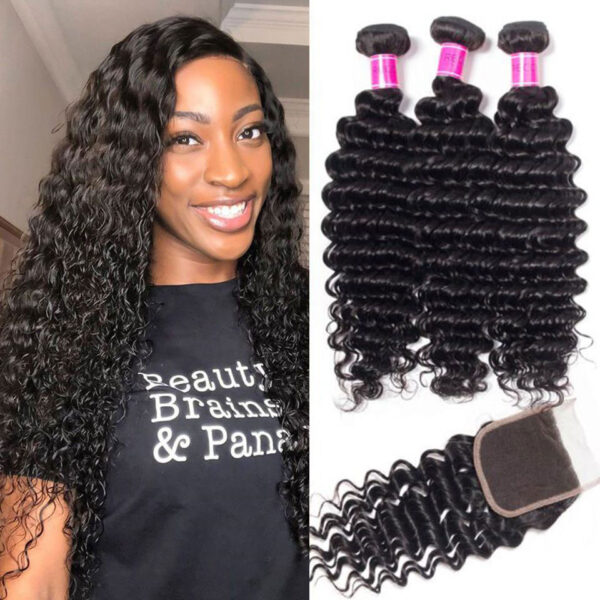 TRILL Brazilian Deep Wave Bundles With Closure Recool Hair 3 Bundles With Closure 100% Virgin Human Hair