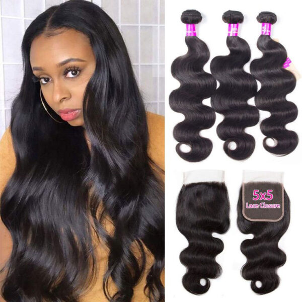 TRILL HD Lace Closure Body Wave 3 Bundles With 5×5 Lace Closure Human Hair Bundles