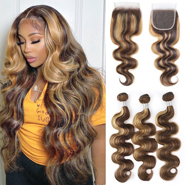 TRILL Highlight Honey Blonde Body Wave 3/4 Bundles with 5×5 HD Lace Closure 100% Human Hair Weave P4/27 Color