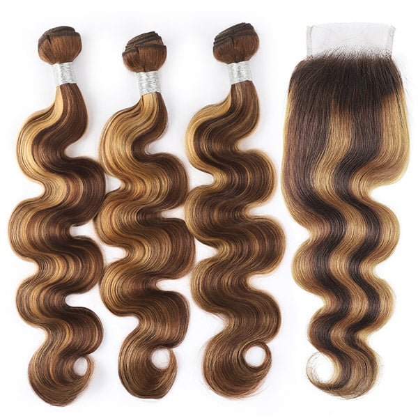 TRILL Highlight Honey Blonde Body Wave 3/4 Bundles with 5×5 HD Lace Closure 100% Human Hair Weave P4/27 Color
