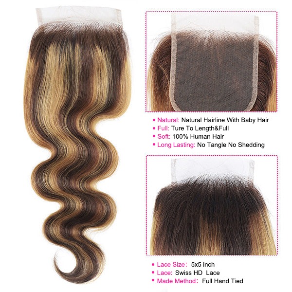 TRILL Highlight Honey Blonde Body Wave 3/4 Bundles with 5×5 HD Lace Closure 100% Human Hair Weave P4/27 Color