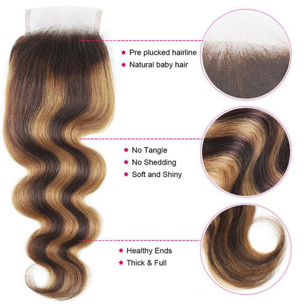 TRILL Highlight Honey Blonde Body Wave 3/4 Bundles with 5×5 HD Lace Closure 100% Human Hair Weave P4/27 Color