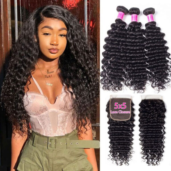 TRILL 5×5 HD Lace Closure With Bundles Deep Wave Brazilian Hair Weave Bundles Remy Human Hair Bundles With Closure