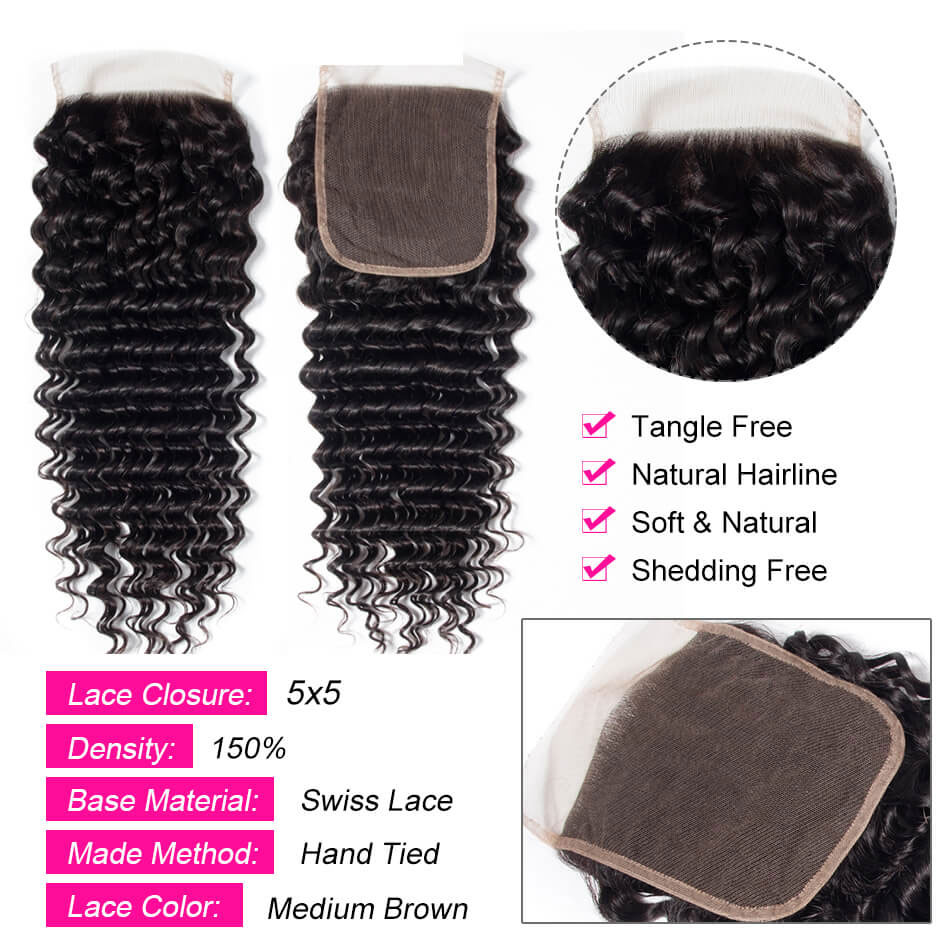 TRILL 5×5 HD Lace Closure With Bundles Deep Wave Brazilian Hair Weave Bundles Remy Human Hair Bundles With Closure