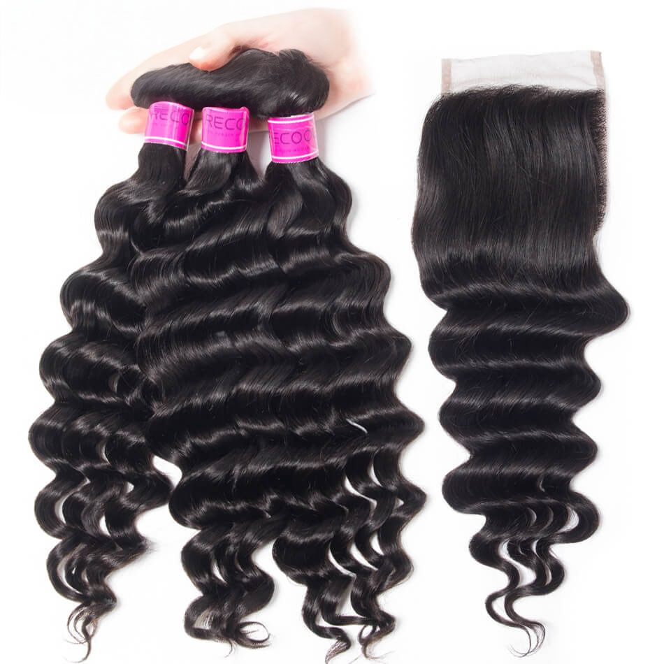 TRILL Virgin Hair 3 Bundles With Closure Loose Deep Wave 10A Peruvian Human Hair Bundles With Closure