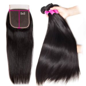 TRILL 5×5 HD Lace Closure with Bundles Straight 3 Bundles Swiss Lace 100% Human Hair Free Part