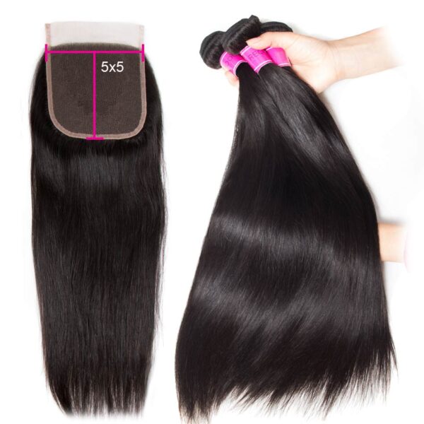 TRILL 5×5 HD Lace Closure with Bundles Straight 3 Bundles Swiss Lace 100% Human Hair Free Part