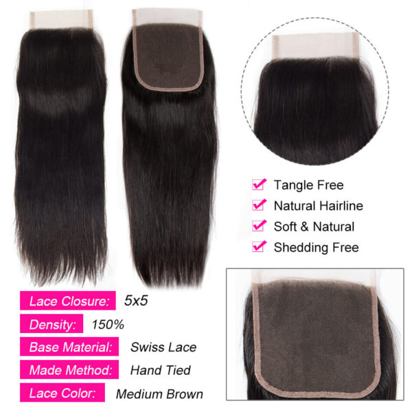 TRILL 5×5 HD Lace Closure with Bundles Straight 3 Bundles Swiss Lace 100% Human Hair Free Part