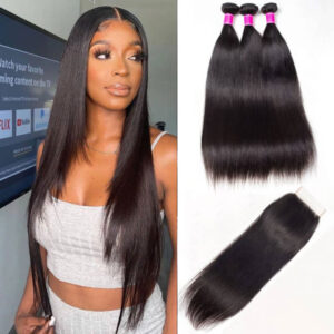 TRILL Hair Brazilian Straight Virgin Hair 3 Bundles With Closure 10A Best Quality Human Hair With Closure