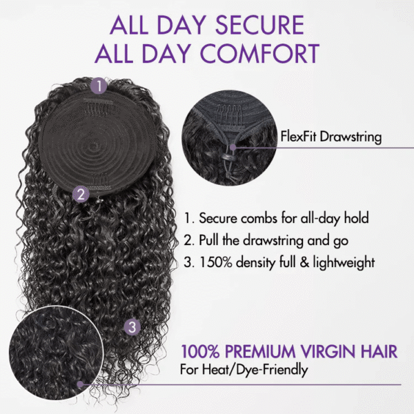 TRILL Water Wave Flexi-Fit Drawstring Ponytail Extension Human Hair Natural Black Curly Ponytail