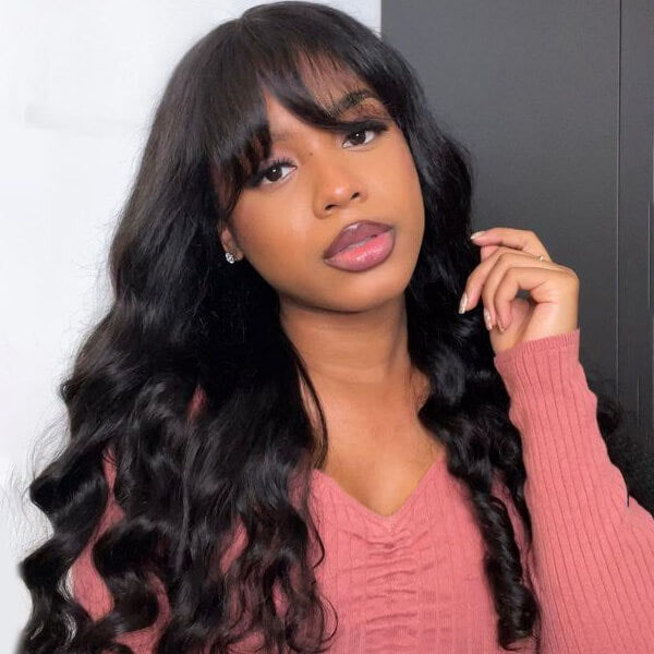 TRILL Body Wave Wig with Bangs 6×5 Wear Go Glueless Lace Closure Wig Curtain Bang Human Hair