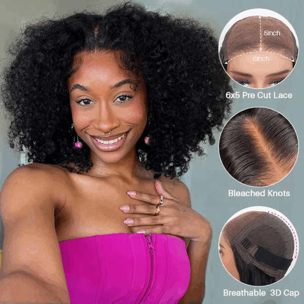 TRILL Kinky Curly Short Glueless 6×5 HD Lace Closure Bob Human Hair Wigs Pre Cut Lace Plucked Hairline