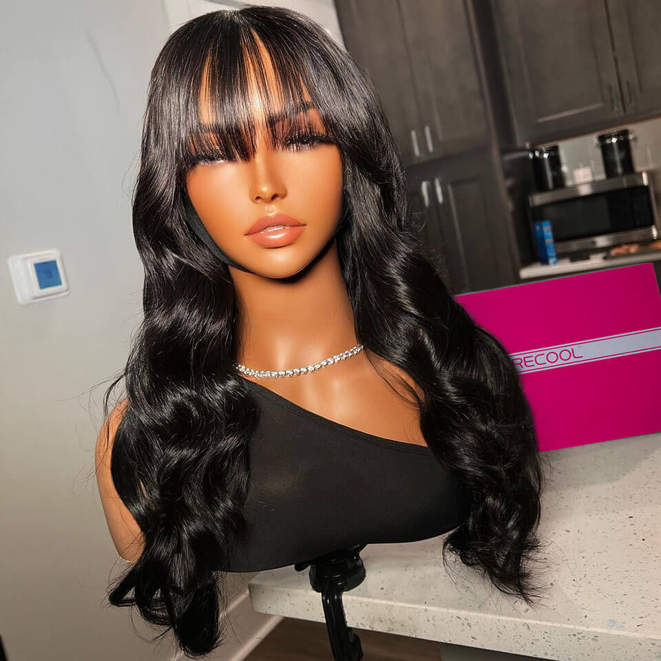 TRILL Body Wave Wig with Bangs 6×5 Wear Go Glueless Lace Closure Wig Curtain Bang Human Hair