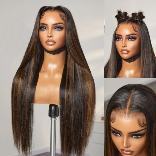TRILL Ultra Natural Hairline Brown Highlight Silky Straight Glueless 13x4 Frontal Lace Long Wig Pre-Cut Lace