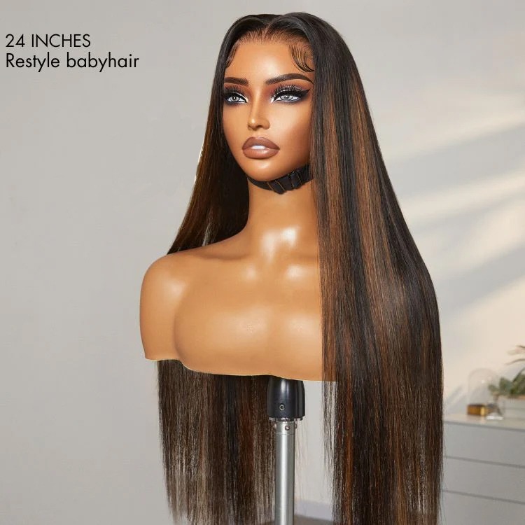 TRILL Ultra Natural Hairline Brown Highlight Silky Straight Glueless 13x4 Frontal Lace Long Wig Pre-Cut Lace
