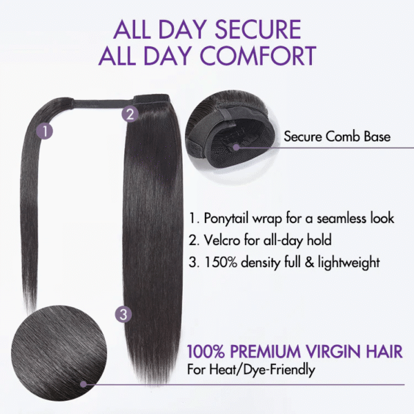 TRILL Virgin Hair Natural Black Sleek Long Straight Wrap Around Ponytail Extension