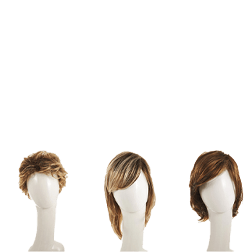 Three distinct types of wigs displayed on a neutral background, showcasing various styles and colors.
