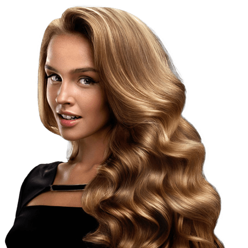 A woman with long, wavy hair stands gracefully, showcasing her flowing locks.