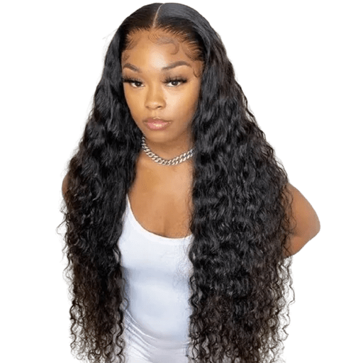 A model showcases a long, curly wig, highlighting its volume and texture.