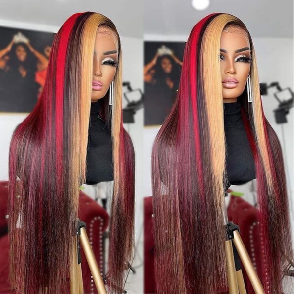 HIGH-QUALITY NEW POP HIGHLIGHTS 210% DENSITY BURGUNDY RED AND AUBURN MIXED HIGHLIGHTS GLUELESS WIG