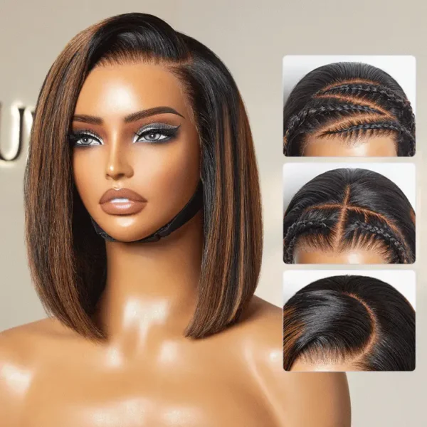 TRILL Hair Natural Looking Brown Highlight Silky Blunt Cut Bob Glueless 13x4 Frontal Pre-Cut Lace Wig