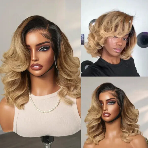 TRILL Honey Blonde Highlight / Natural Black / Ombre Blonde Bouncy Body Wave Glueless 13x4 Frontal Lace Human Hair Wig