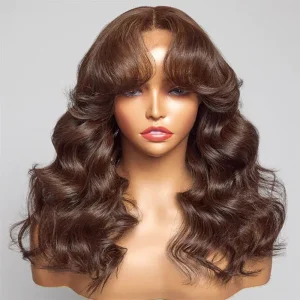 TRILL Curtain Bangs Brown Color Body Wave 6×5 HD Lace Glueless Human Hair Wig Pre Cut & Plucked