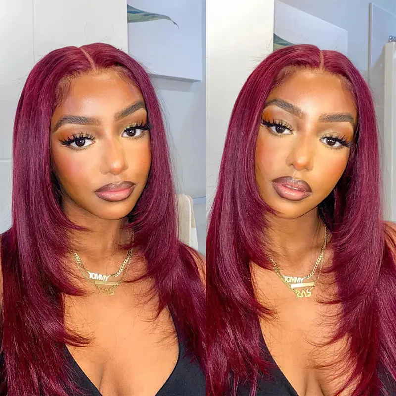 TRILL Straight Layered Cut 99J Burgundy Color Human Hair Wear Go Glueless 6×5 HD Lace Closure Wig