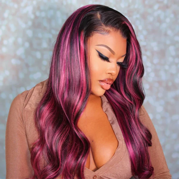 TRILL Transparent 13x4 Lace Front Wig Black Hair With Purple Highlights Straight/Body Wave Human Hair Wigs