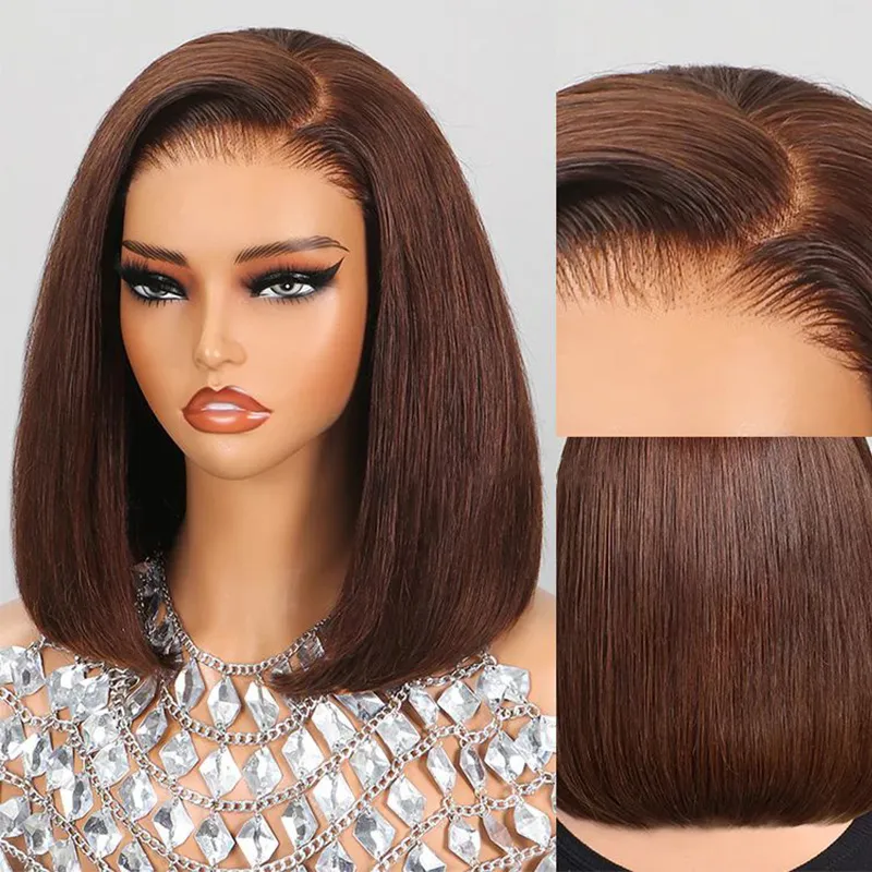 TRILL Brown Color Straight Bob Wig 6×5 Wear Go Glueless 100% Human Hair Wig 180% Density