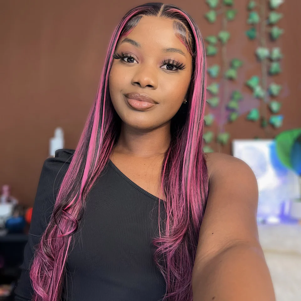 TRILL Transparent 13x4 Lace Front Wig Black Hair With Purple Highlights Straight/Body Wave Human Hair Wigs