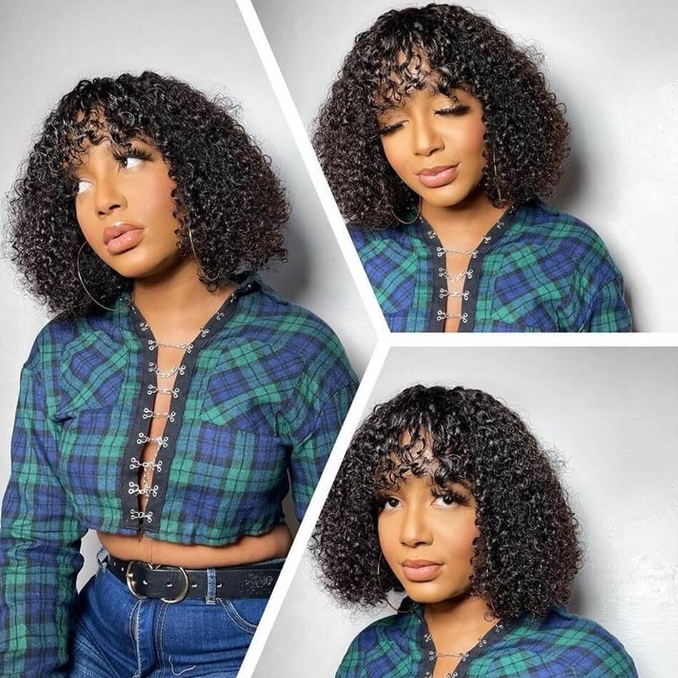 **TRILL DEAL**Short Fluffy Curly Human Hair Wig with Bangs Glueless Bob Wig