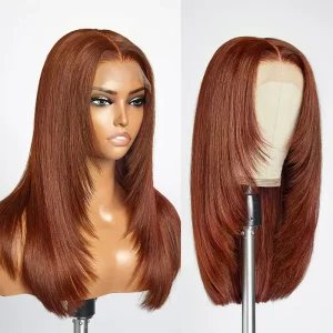 TRILL Layered Cut Copper Brown Color Human Hair Straight Glueless 6×5 Closure Wig Medium Length