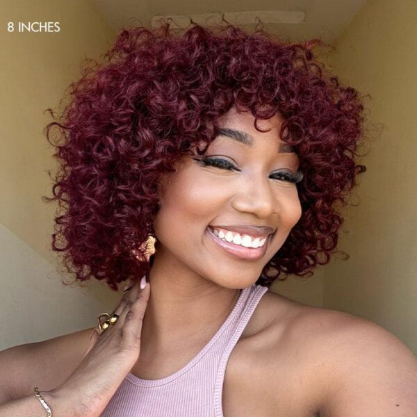 TRILL Dark Red Water Wave Glueless Minimalist Lace Curly Wig with Bangs Beginner Friendly