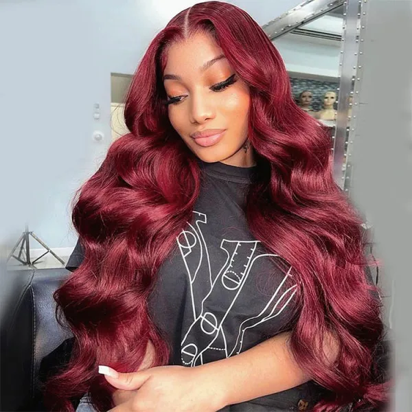 TRILL 99J Body Wave/Straight 13×4 & 6×5 Lace Front Wig HD Lace Burgundy Colored Wear Go Glueless Wig 180% Density