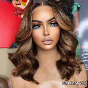 TRILL Highlight Color Short Loose Body Wave 6×5 HD Lace Glueless Wig Brown With Blonde 4/27 100% Human Hair