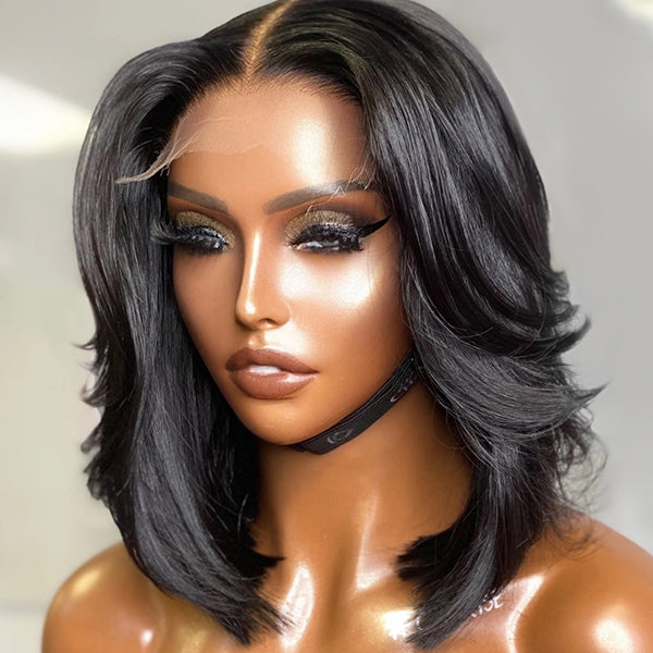 TRILL Handcraft Layered Cut 6×5 HD Lace Wear Go Glueless Short Bob Wig 100% Human Hair Natural Black