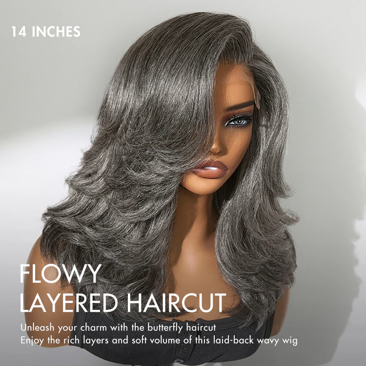 TRILL Layered Blowout Salt and Pepper Glueless Grey Wig Minimalist HD Lace Shoulder Length Wavy Wig Pre Cut Lace