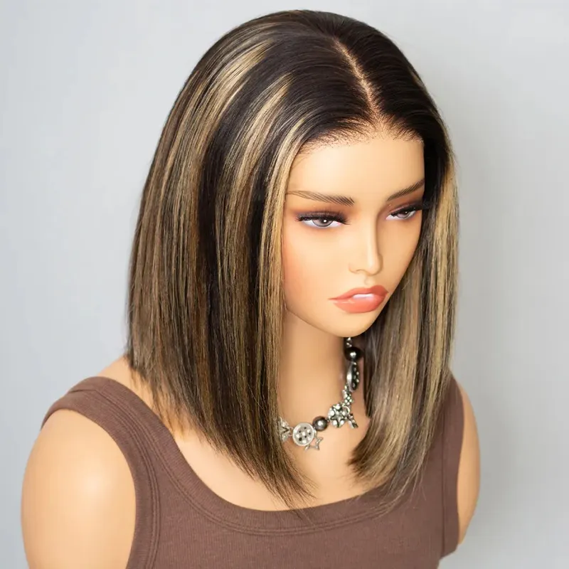 TRILL Balayage Highlight Color Straight Bob Wig 6×5 Wear Go Glueless 100% Human Hair Wig 180% Density