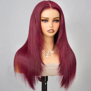 TRILL Straight Layered Cut 99J Burgundy Color Human Hair Wear Go Glueless 6×5 HD Lace Closure Wig
