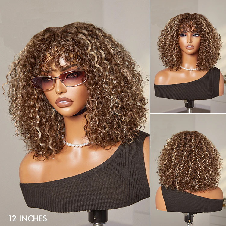 TRILL Beginner Friendly Ash Blonde Highlights Water Wave True Scalp Minimalist Lace Glueless Curly Wig with Bangs