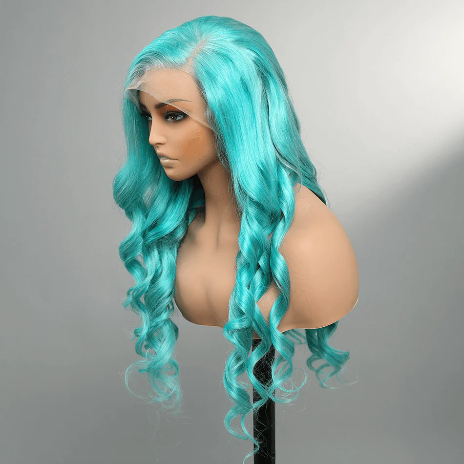 BLUISH-GREEN WIG STRAIGHT/WAVY SIDE PART WIG FOR BLACK LACE FRONTAL